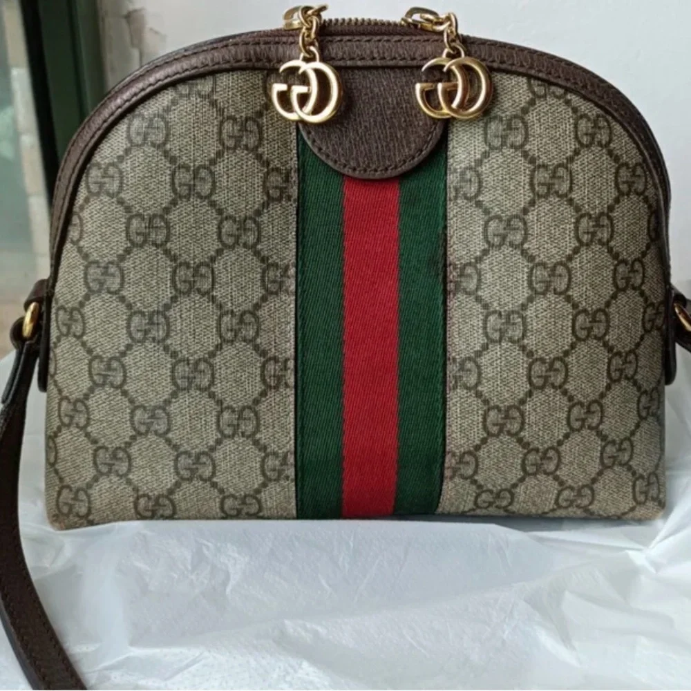 Gucci Ophedia Dome Beige and Brown Crossbody Bag with Red and Green Stripe - Picture 5 of 8